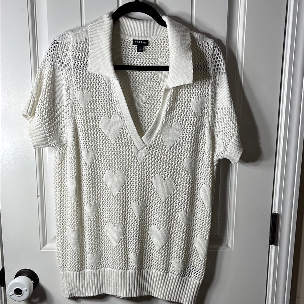 Torrid White Knit Heart-Pattern Polo Sweater Top